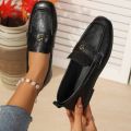Women's Leather Flat Loafers with Gold-Tone Flower Accessory Round Apron Toe Low Block Heel Comfortable & Office Dress Shoes. 