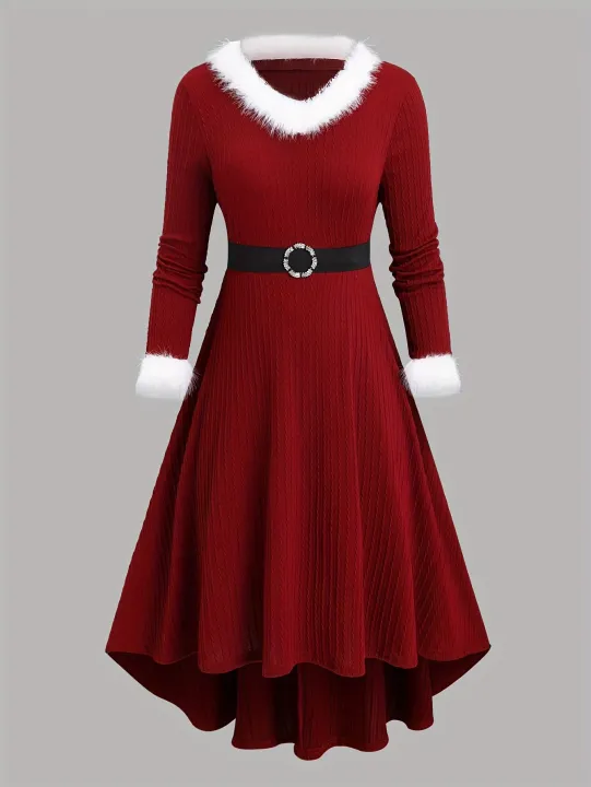 Plus%20Size%20Women's%20New%20Autumn%20and%20Winter%20Fashion%20Jacquard%20Furry%20Edge%20Long%20Sleeve%20V-Neck%20with%20Waist%20Belt%20Dress%20-%20Image%203