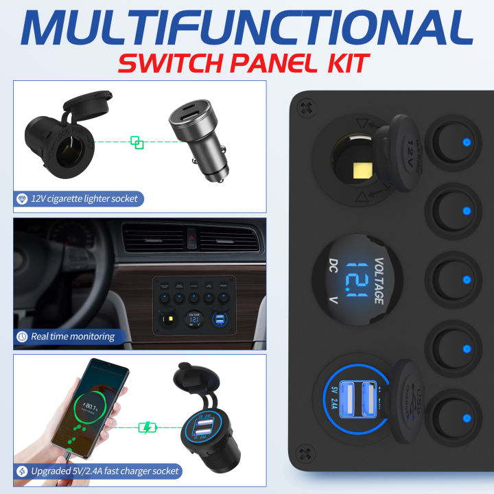 DaierTek%205%20Gang%20Boat%20Switch%20Panel%20Waterproof%20Car%20Switch%20Panel%202.4A%20Dual%20USB%20Port%2012V%20Outlet%20Digital%20Voltmeter%20Blue%20LED%20For%20Auto%20-%20Image%203
