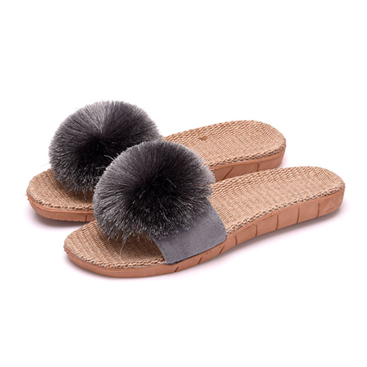 Linen%20Platform%20Slippers%20Women%20Home%20Hairball%20Designer%20Shoes%20Girls%20Fashion%20Casual%20House%20Elegant%20Slippers%20Flats%20Open%20Toe%20Indoor%20-%20Image%207
