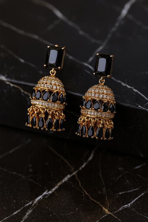 Golden Black Jhumka for Women Shiny Black Jhumka Earrings