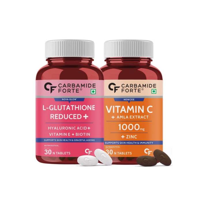 Carbamide Forte Japanese Reduced L Glutathione Tablets with Vitamin C from Amla Extract, Collagen, Lycopene Combo Pack for Skin Health (1000mg)