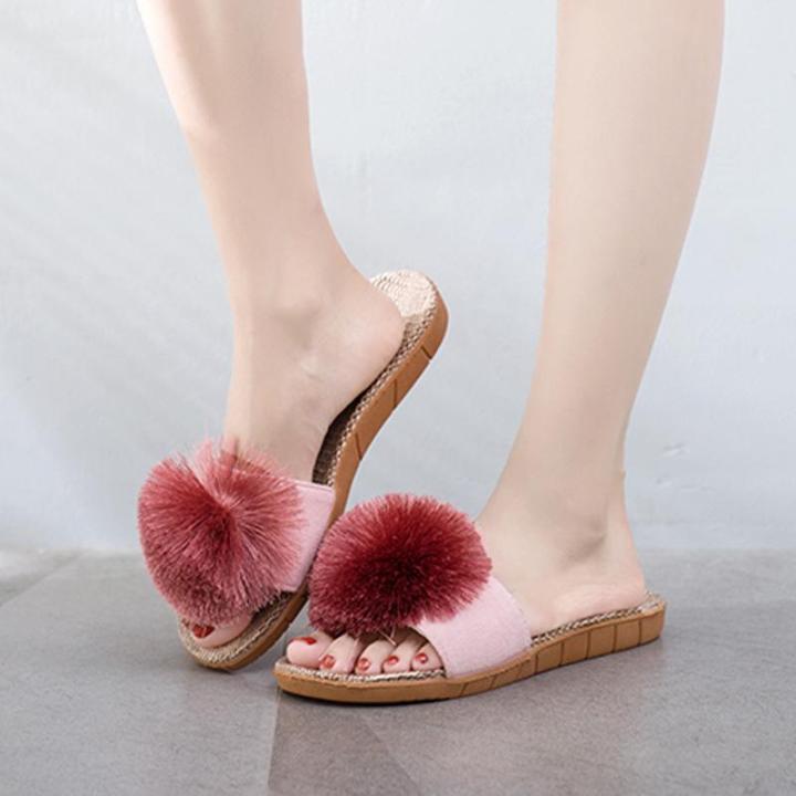 Linen%20Platform%20Slippers%20Women%20Home%20Hairball%20Designer%20Shoes%20Girls%20Fashion%20Casual%20House%20Elegant%20Slippers%20Flats%20Open%20Toe%20Indoor%20-%20Image%205