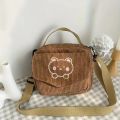 Cute Embroidered Bear Crossbody Bag Square Shoulder Bag Coin Purse For Girls Corduroy Crossbody Bag Student Shoulder Bag. 