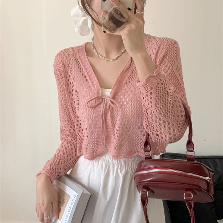 Sheer%20Pointelle%20Knit%20Crop%20Cardigan%20with%20Tie%20Front%20Openwork%20Long%20Sleeve%20Short%20Jacket%20Top%20Cover%20for%20Women%20Teen-girl%20Cute%20Outfit%20-%20Image%203