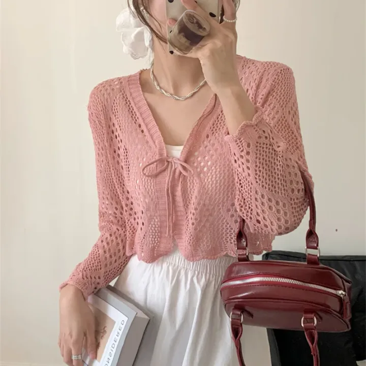 Sheer%20Pointelle%20Knit%20Crop%20Cardigan%20with%20Tie%20Front%20Openwork%20Long%20Sleeve%20Short%20Jacket%20Top%20Cover%20for%20Women%20Teen-girl%20Cute%20Outfit%20-%20Image%203
