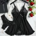 Lingerie Sleep Dress Women Nightdress Lace Sleepwear Solid Slim Soft V Neck Full Slip Dresses & Panties Set. 