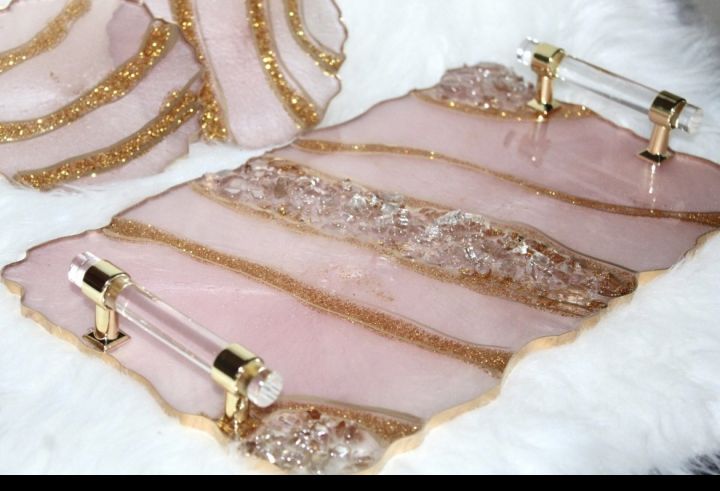 HANDMADE Large Rose Gold Glitter Decorative Resin tray Elegant Tray W/ Crystal Clear & Gold Handles Perfume Tray Geode Resin Tray Coasters