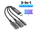 PD 60W Type C to Dual Type C 3.5mm Headphone and Charger Adapter 3 in1 USB C to AUX Audio Jack Dongle Cable For  iphone16. 