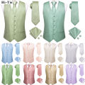 Sage Green Solid Floral Mens Suit Vests 4PC Woven Blue Waistcoat Tie Pocket Square Cufflinks Business Wedding Dress Waist Jacket. 