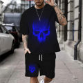 Summer New Casual Men's Skull Print T-Shirt Set Fashion Streetwear Tees Loose Oversized Breathable Soft Short Sleeves And Shorts. 