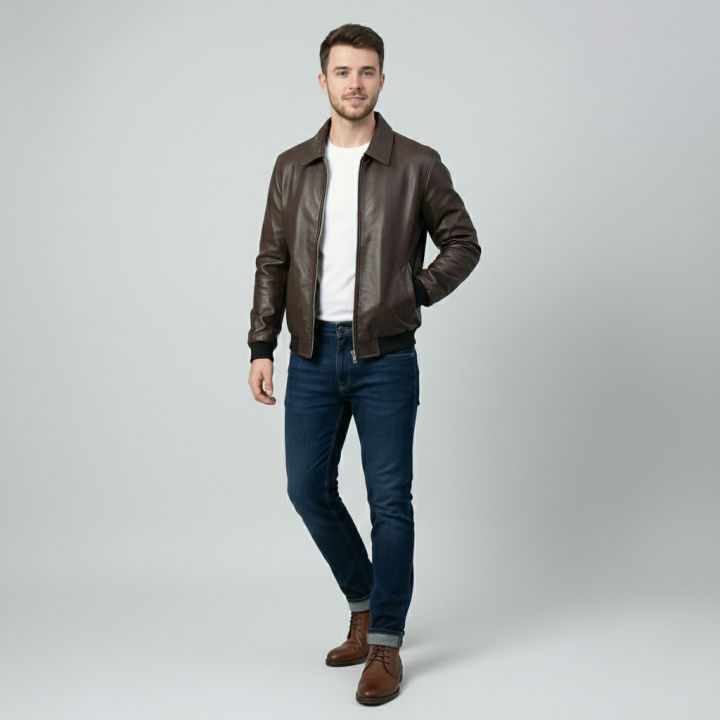 Men’s Faux Leather Bomber Jacket – Full Zip, Brown/Black - Image 7