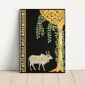 F-Indian Art Cow and Lotus Golden Poster Kraft Club Bar Paper Vintage Poster Wall Art Painting Bedroom Study Stickers. 