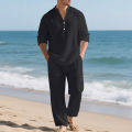 Linen Autumn New Men's Suit Beach Style Loose Casual Breathable V-Long Sleeve Henley Shirt with Straight-Leg Pants 2 Set. 