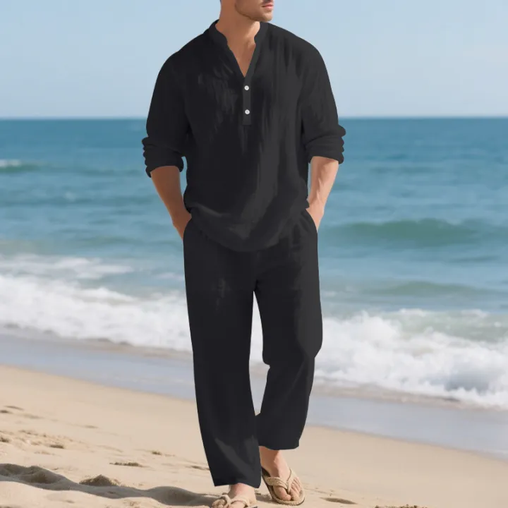 Linen%20Autumn%20New%20Men's%20Suit%20Beach%20Style%20Loose%20Casual%20Breathable%20V-Long%20Sleeve%20Henley%20Shirt%20with%20Straight-Leg%20Pants%202%20Set%20-%20Image%203