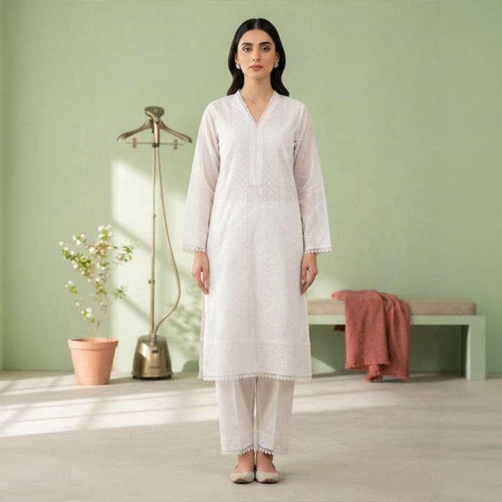 Chikankari Embroidered Linen 2 Piece Outfit Kurti For Women and Girls Casual Everyday Wear Comfortable Breathable Fabric For All Day Wear