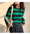 Tzy new long-sleeved T-shirt. cute striped design, comfortable to wear, soft texture, fashion clothes, black/green, black, round neck design.. 