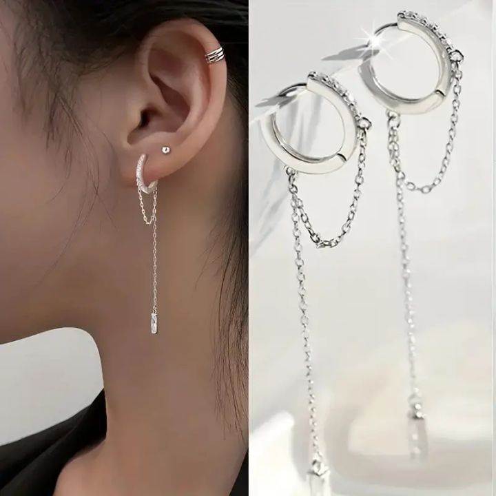 Fashionable Silvery Tassel Hoop Pendant Earrings, Exquisite Jewelry, Perfect Birthday  For Women
