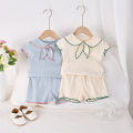 Summer Baby Girls 2-Piece Doll Neck Bow Short Sleeve Top + Shorts Casual Suit. 