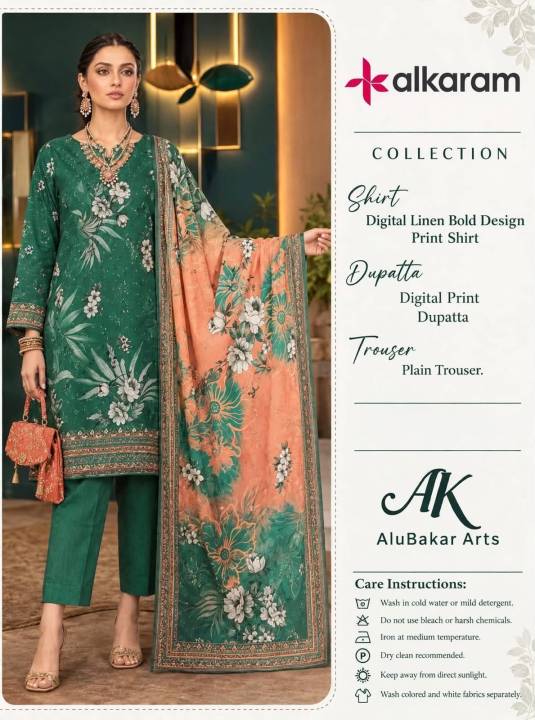 Women's 3 Piece Digital Printed Linen Suit With Same Printed Linen Dupatta and Dyed Trouser