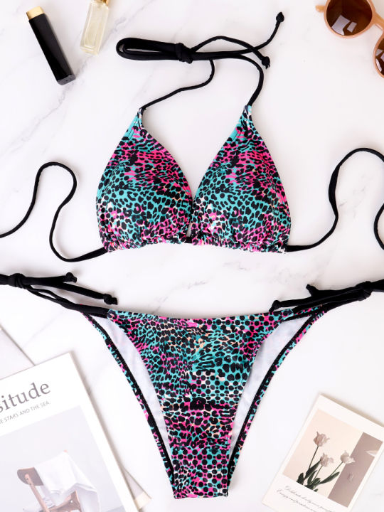 Two-Piece Women's Split Bikini Set Summer Strappy And Lace-Up Colorful Polka Dot Printed Lady's Bikini Beach Vacation Swimsuit