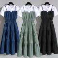 2024 Fashion Strap Fake Two piece Dress Block Summer Short sleeved Dress Women's Waist Tight Dress. 