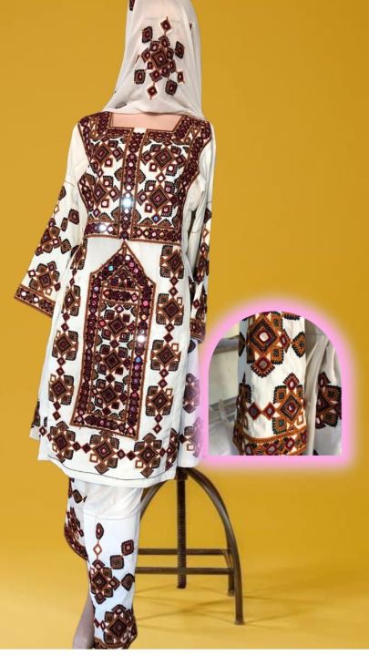 Balochi new suit hand made and machine both. It is a beautiful balochi design suit. Mahrang Baloch also wear it. It is famous Balochi design known allover the world. We have In Black and White.