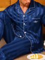 Two piece sets men's pajamas autumn and winter silk satin long sleeved pants casual minimalist letter embroidered sleepwear set.
