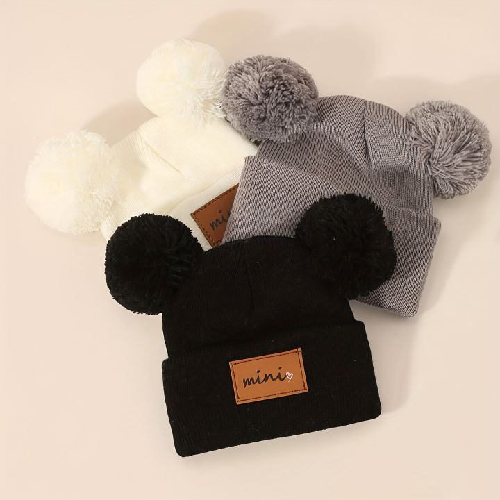 3pcs%20Mini%20Heart%20Faux%20Leather%20Label%20Double%20Pom%20Knit%20Beanie%20Hats%20for%20Youngsters%20Hand%20Washable,%20New%20Year's%20Ocn%20Theme%20Cute%20Hats%20-%20Image%205