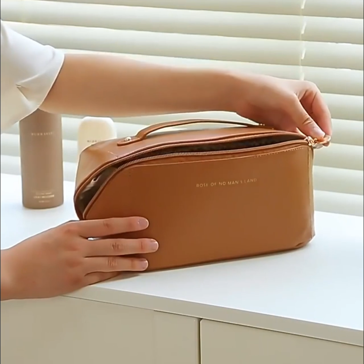 New Waterproof PU Leather Makeup Case for Women – Portable Cosmetic Organizer with Handle and Divider, Large Capacity Pouch for Lipsticks, Brushes, and Beauty Accessories for Travel and Home