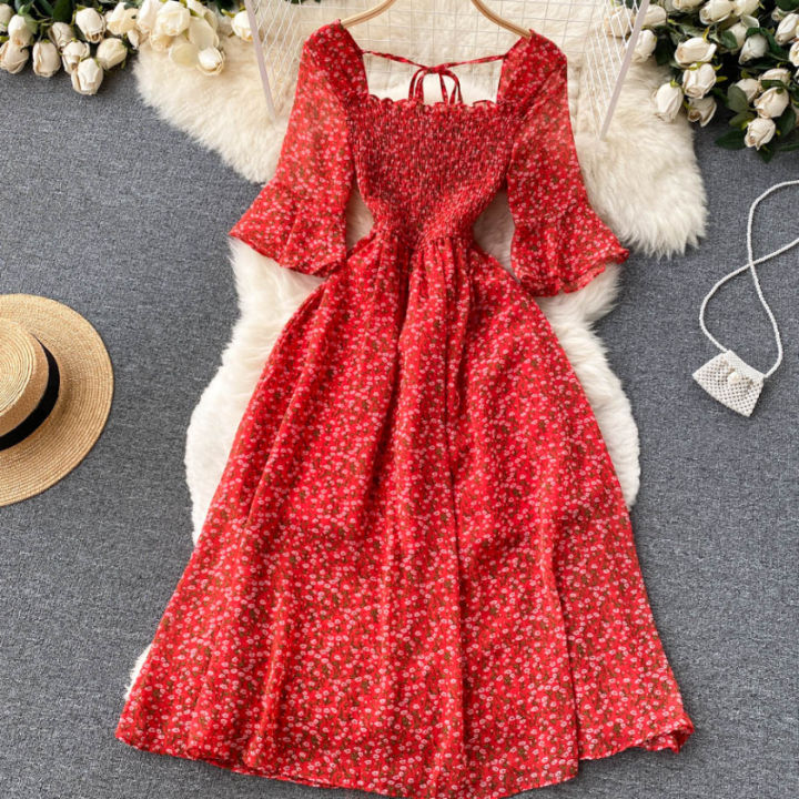 Fashion%20Summer%20Flower%20Print%20Long%20Dress%20Women%20Vintage%20Square%20Neck%20Ruched%20Chest%20Chiffon%20Sundress%20Party%20Vestidos%20-%20Image%205