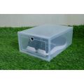 Clear shoe box, open storage box, front lid with 2 sizes. 