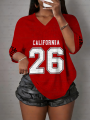 Women's California NO.26 Print V-Neck Short Sleeve T-Shirt Summer Graphic Tee Hole Mesh Jerseys Plus Size Sport T-Shirt.