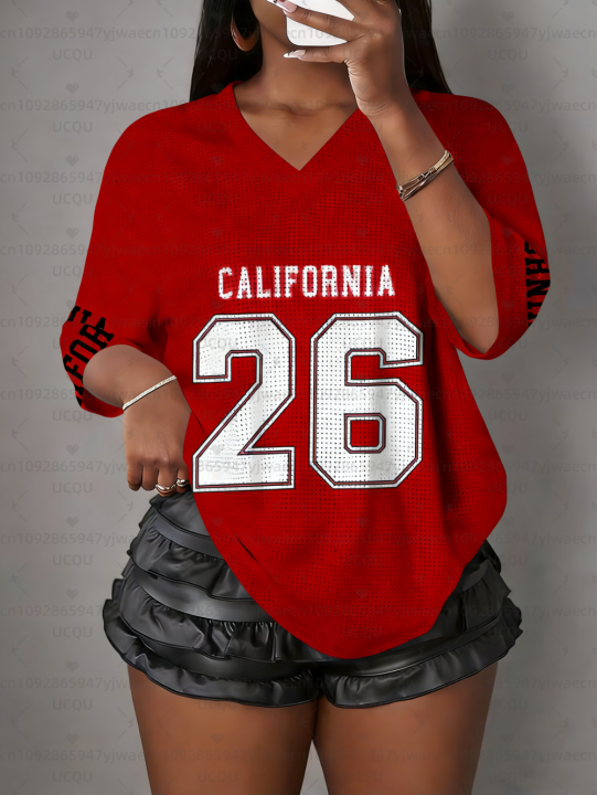 Women's%20California%20NO.26%20Print%20V-Neck%20Short%20Sleeve%20T-Shirt%20Summer%20Graphic%20Tee%20Hole%20Mesh%20Jerseys%20Plus%20Size%20Sport%20T-Shirt%20-%20Image%205
