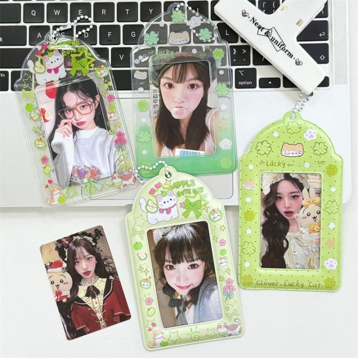 2pcs Cute Cartoon Cat Card Holder Green Tone Ins Style PVC  Idol Photo Storage Pendant