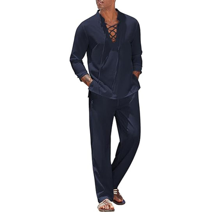 2pcs%20Set%20Men's%20Cotton%20Linen%20Shirt%20and%20Pants%20Suits%20for%20Men%20Beach%20Wear%20Tracksuit%20Solid%20Color%20Shirts%20Sweatpants%20Hawaiian%20Vacation%20-%20Image%202