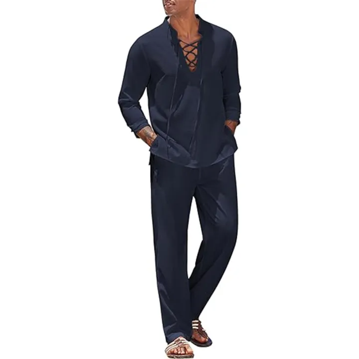 2pcs%20Set%20Men's%20Cotton%20Linen%20Shirt%20and%20Pants%20Suits%20for%20Men%20Beach%20Wear%20Tracksuit%20Solid%20Color%20Shirts%20Sweatpants%20Hawaiian%20Vacation%20-%20Image%202