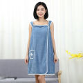 Coral Fleece Bath Skirt Soft Thick Highly Absorbent Wearable Towel with Bow Pocket Suspender Style Robe for Bathroom.