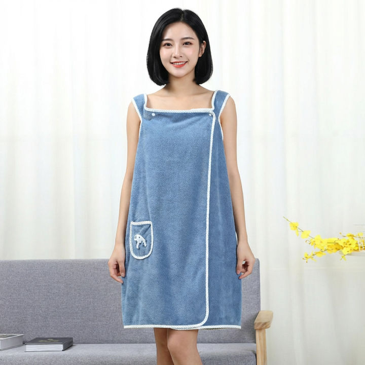 Coral%20Fleece%20Bath%20Skirt%20Soft%20Thick%20Highly%20Absorbent%20Wearable%20Towel%20with%20Bow%20Pocket%20Suspender%20Style%20Robe%20for%20Bathroom%20-%20Image%202