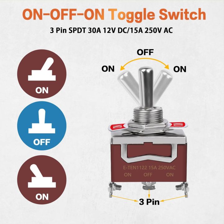 6pcs Waterproof Toggle Switch 12V DC 30A On Off On 3 Way SPDT 12 Volt ...