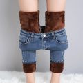 Women Thermal Skinny Jeans Mom Winter Warm Plush Stretch Jeans Lady Fleece Snow Denim Pants Student Pencil Straight Leg Trousers.