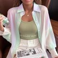 See-through Irregular Gradient Rainbow Long Sleeved Shirt And Blouses Thin For Women Clothes Loose Top Pink Casual Fashion Trend.