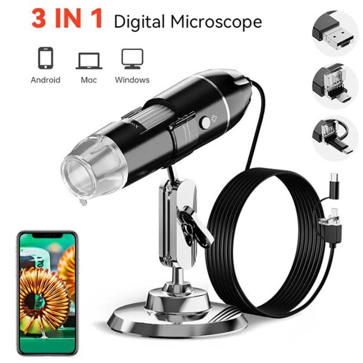 1600X 3in 1 Digital Microscope Camera with Stand Portable Electronic Microscope For Soldering LED Magnifier Type-C USB Android