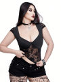 Plus Size V-neck Bow Lace Sheer Blouse Slim-fit Top Y2K Style Halloween Collection Black Cat T-shirt.