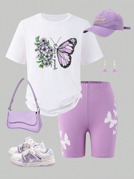 Spring And Summer Women's And Children's Sports Style Butterfly Print Off Shoulder Short Sleeved Top&Shorts Two-Piece Set