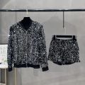 Premium Sequined Coat Women's Suit Jacket Zipper Top Baseball Uniform Casual Versatile and Thin Two-piece Women's Fashion.
