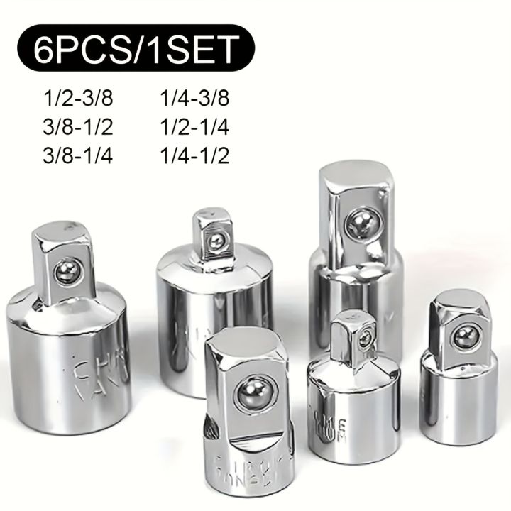 6pcs Ratchet Wrench Socket Converter Sleeve Head Adapter 1/2" Big Fly to 3/8" to 1/4" Stainless Steel to 1/4" to 1/2" to 3/8"
