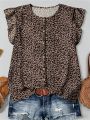 European and American Style Summer Slimming Plus Size Women's Leopard Print Short Sleeved Round Neck Lotus Leaf Sleeve Top. 