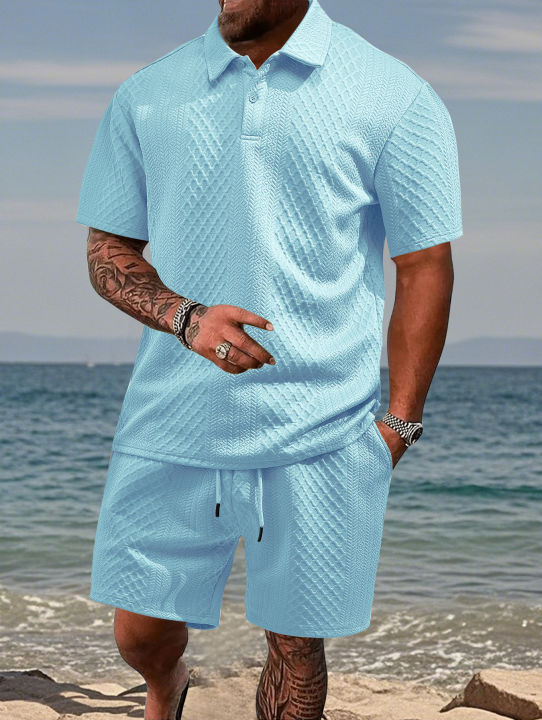 2025 Summer New Men's Casual Sportswear Polo Shirt With A Lapel, Men's Short-sleeved Shirt And Shorts, Jacquard Texture Suit