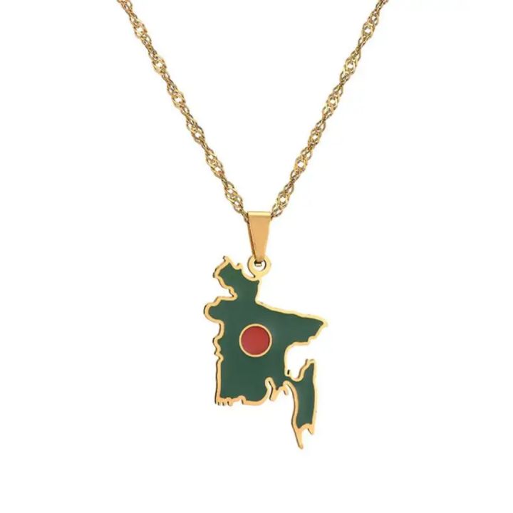 thumbnail interactive-video image 1 of Bangladesh Flag Map Necklace Pendant – Gold Plated Stainless Steel, Gift 1 of 3